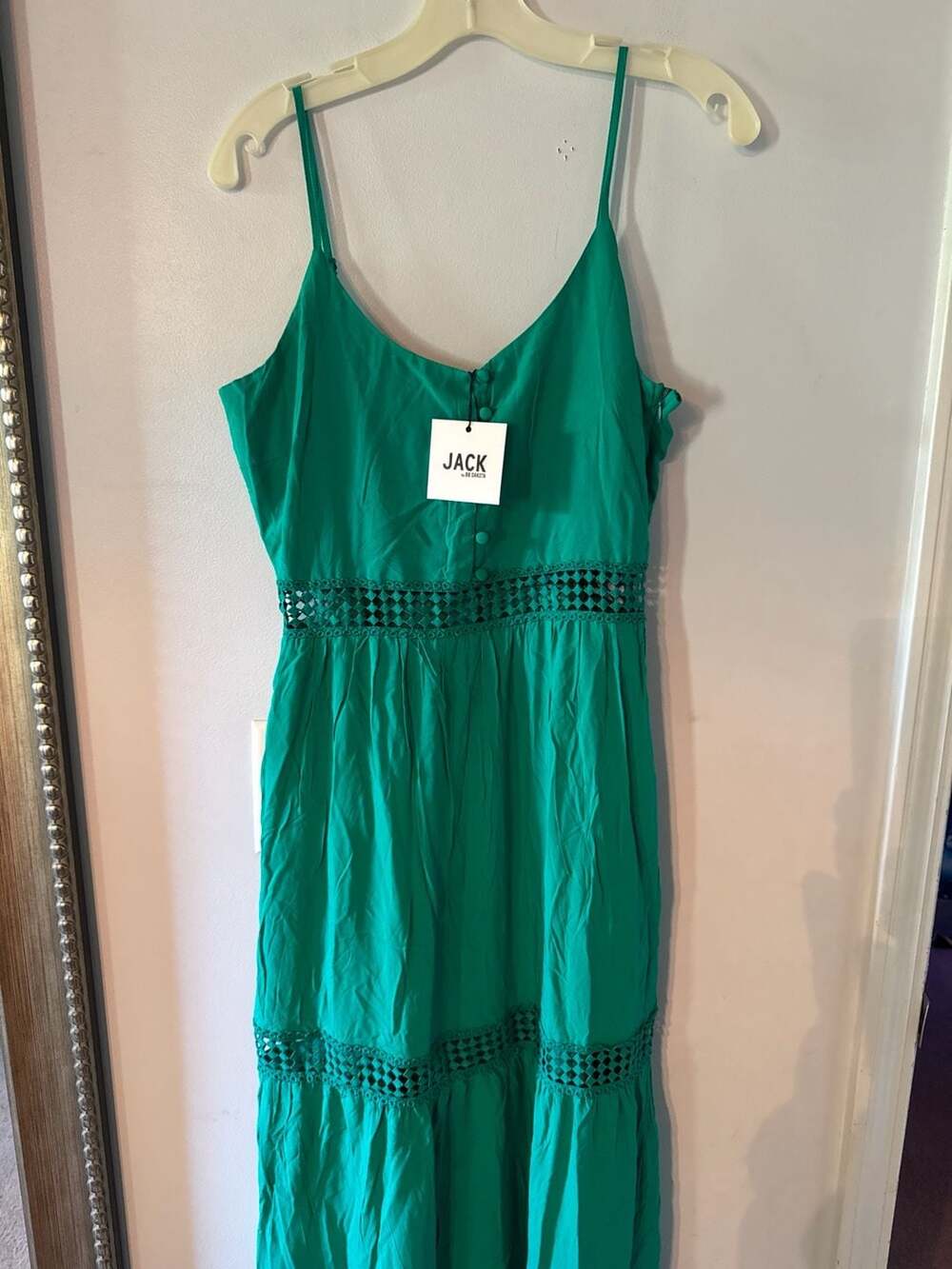 Jack by BB Dakota Boho Emerald Green Crochet Lace Trim  Maxi Dress Size 6